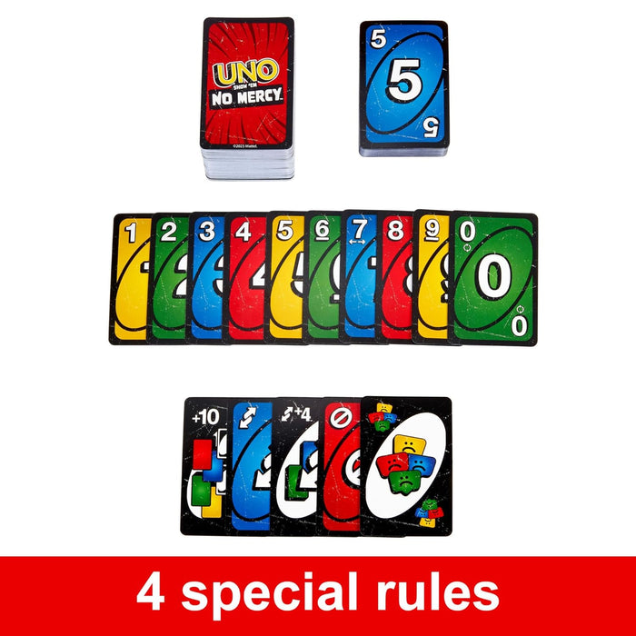 Mattel Games UNO Show ‘em No Mercy Card Game for Kids, Adults & Family Parties and Travel with Extra Cards, Special Rules and Tougher Penalties.