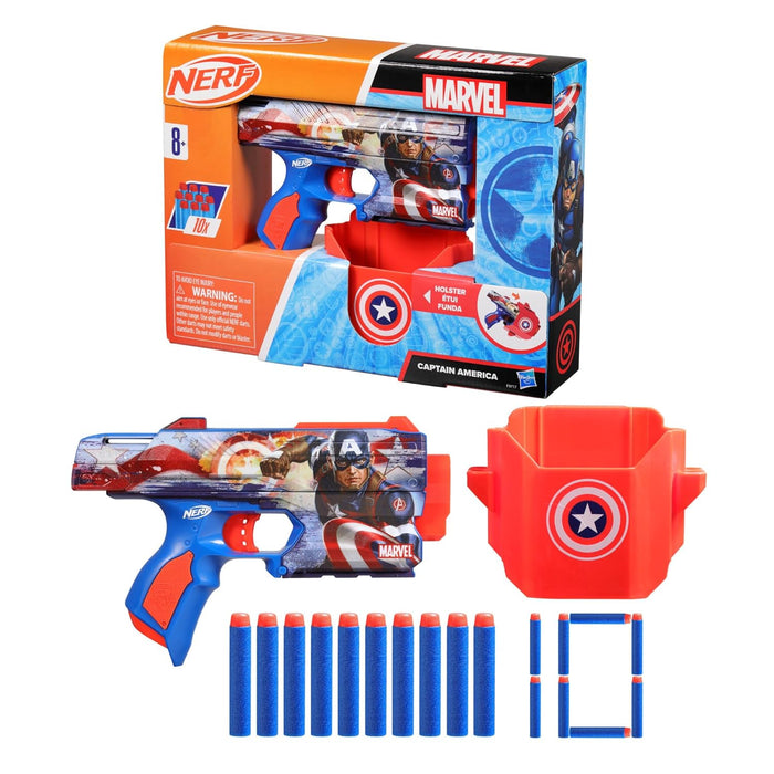 Nerf Marvel Captain America Dart Blaster, 10 Nerf Elite Darts, Holster, Toy Foam Blasters for 8 Year Old Boys & Girls & Up