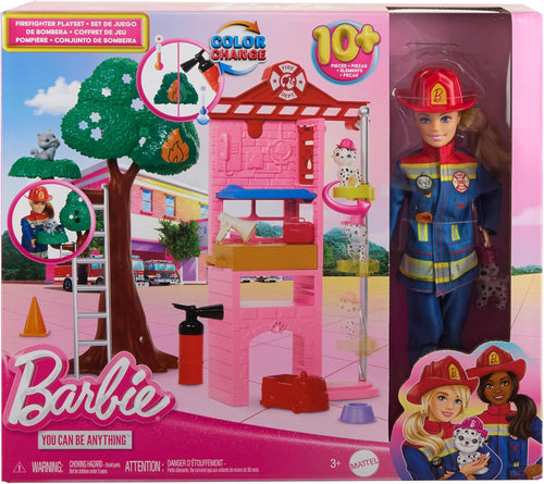 Barbie Careers Firefighter Doll & Playset with Fire Station & Tree, 2 Pets, Color-Change & 10+ Accessories Including Fire Extinguisher Squirt Toy