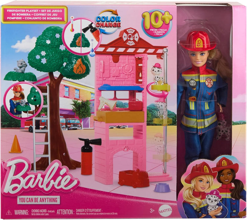 Barbie Careers Firefighter Doll & Playset with Fire Station & Tree, 2 Pets, Color-Change & 10+ Accessories Including Fire Extinguisher Squirt Toy