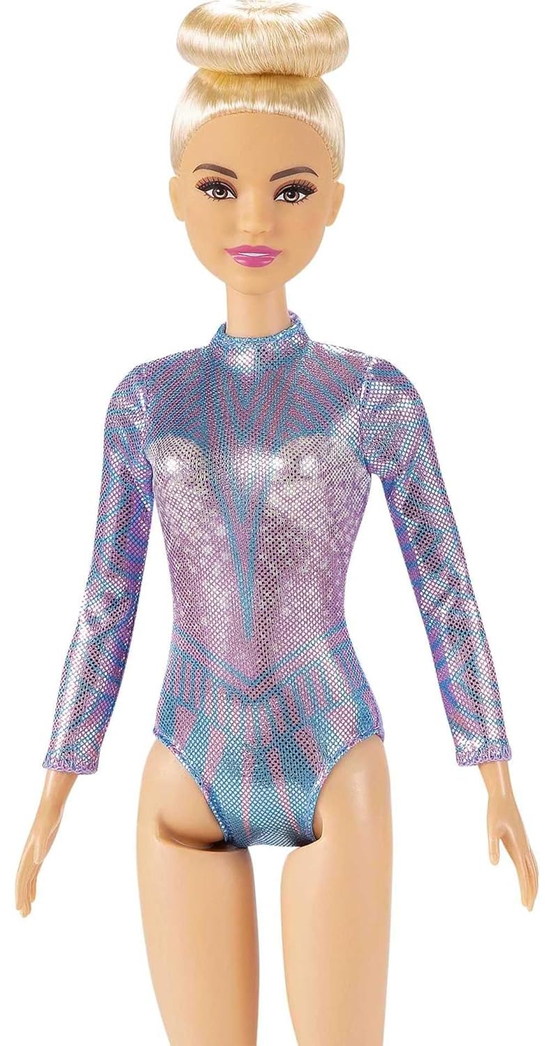 Barbie Rhythmic Gymnast Blonde Doll (12-in/30.40-cm) with Colorful Metallic Leotard, 2 Clubs & Ribbon Accessory, Great Gift for Ages 3 Years Old & Up