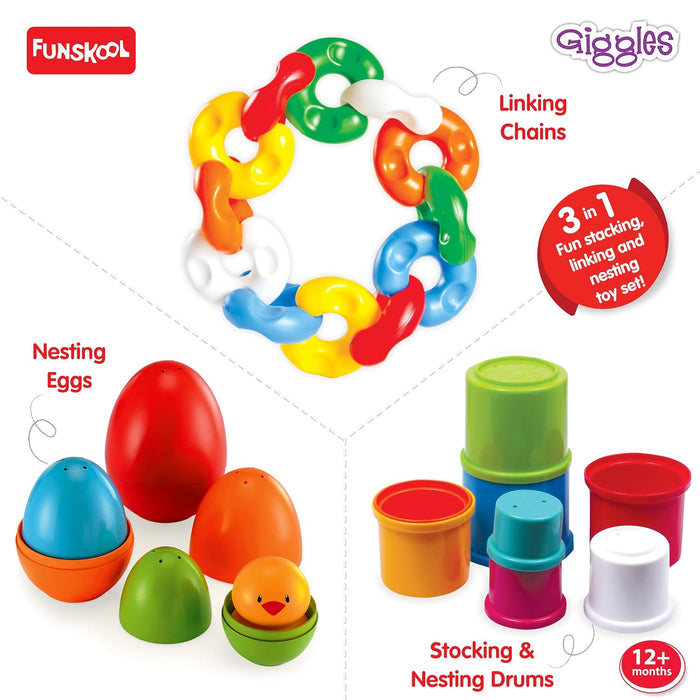 Giggles Funskool - Link Stack N Nest Toy Set, toys for kids, Blocks, Nesting toy for kids, Multicolour 3 in 1 gift set, Develops motor skills , 6 months & above, Infant and Preschool Toys