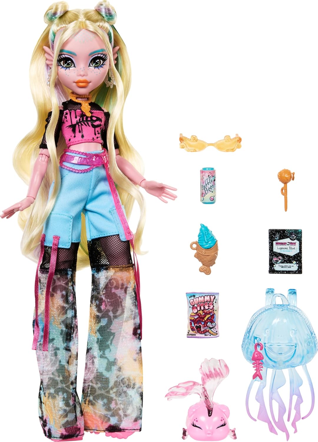 Monster High Lagoona Blue Doll in Mesh Tee and Cargo Pants, Includes Pet Fish Neptuna and Accessories Like a Backpack, Snack and Notebook