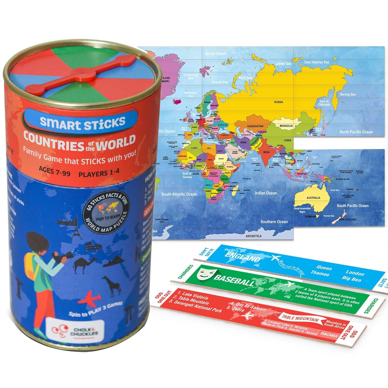 Chalk and Chuckles Smart Sticks Countries of The World Games for Kids Age 7+, Fun Educational Toys, Card Game, Map Puzzle, Birthday Return Gift for Girls, Boys 8, 9, 10, 11, 12