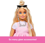 Barbie Deluxe Style Doll #3 in Barbiecore Outfit, Blond Hair in Top Knot, Pink Pastel Dress with Oversized Bow and Accessories Like Mesh Tights