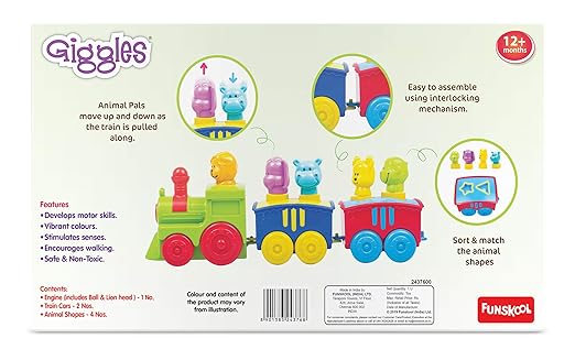Giggles Kid Funskool - 2 In 1 Colourful Animal Pull Along Toy Train, Walking, Shape Sorting, Pretend Play Preschool Toys, Multicolour, 12 Months & Above
