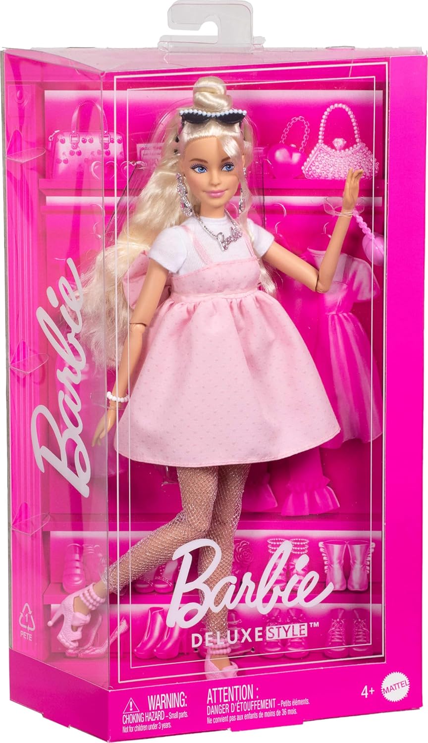 Barbie Deluxe Style Doll #3 in Barbiecore Outfit, Blond Hair in Top Knot, Pink Pastel Dress with Oversized Bow and Accessories Like Mesh Tights