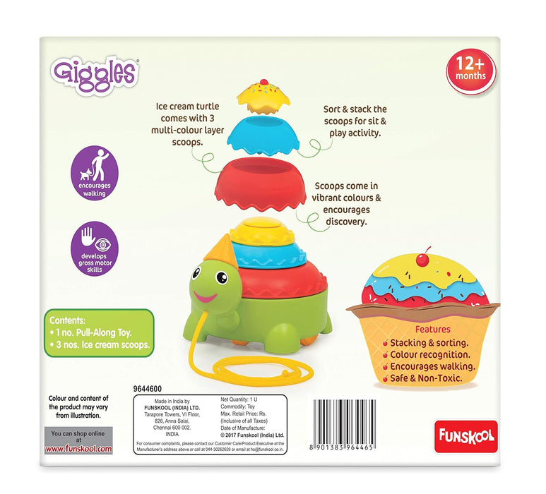 Funskool Giggles - Icecream Turtle, Pull string toy, turtle toy, toys for kids, Multicolour, Infants and Pre-school, Pull along toy for toddlers, 18 months and above