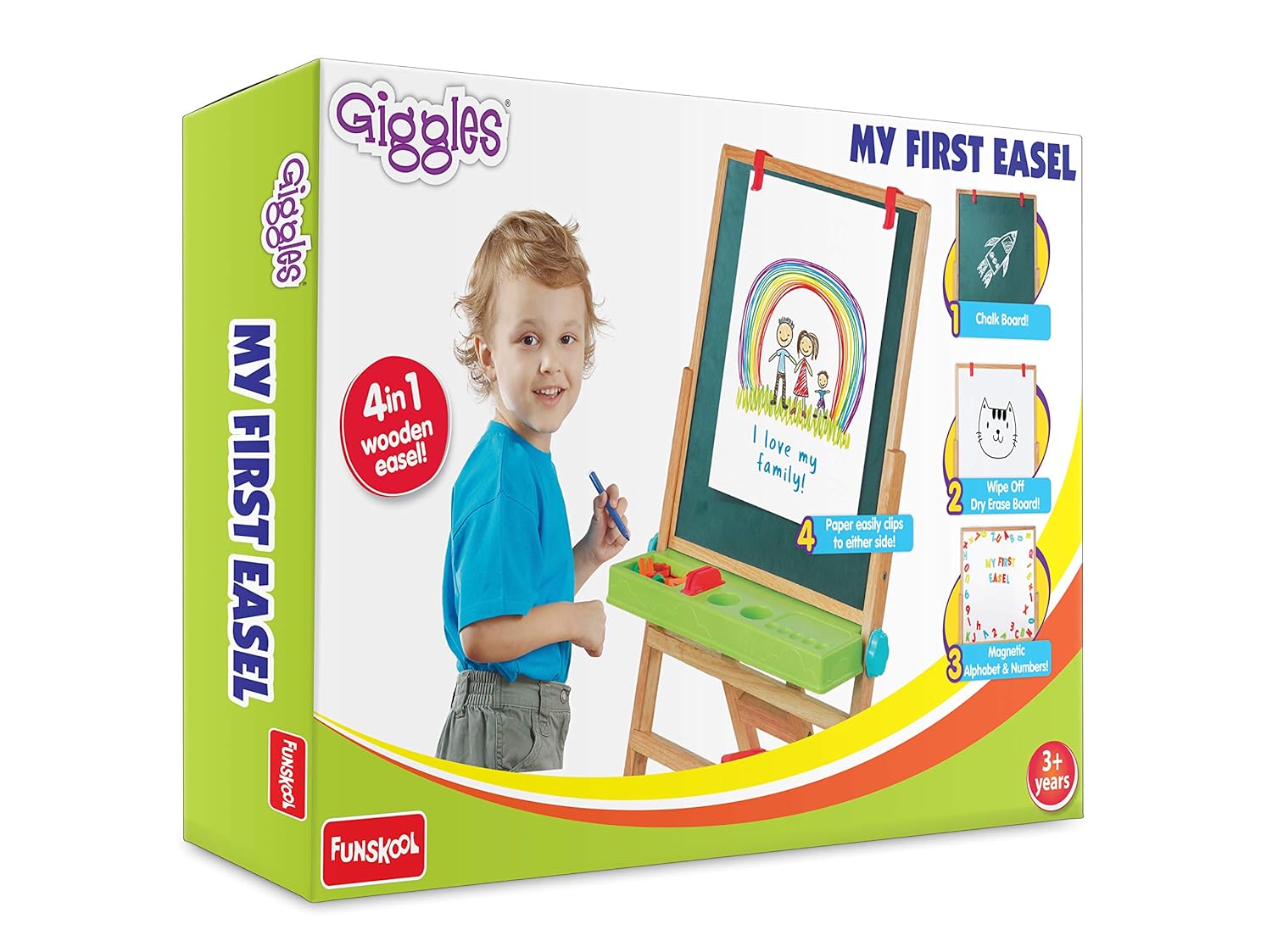 Funskool Giggles - My First Easel , Education toy for kids 3 years, Wooden and magnetic, 4 in 1 Double Sided Wooden Easel Board , Multicolour with Alphabet & Numbers , 3 Years & above , Preschool toys