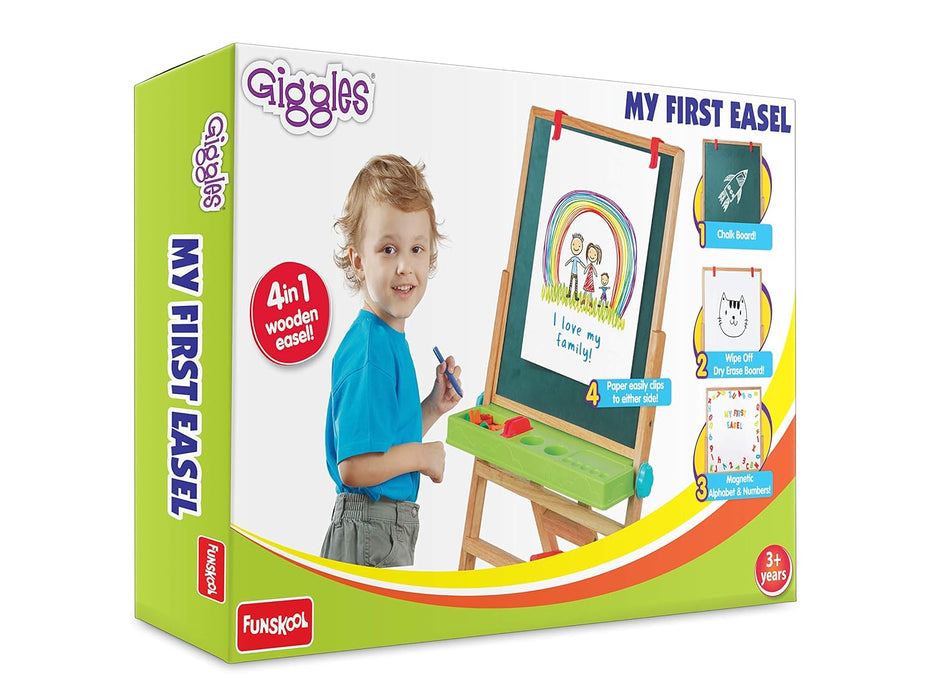 Funskool Giggles - My First Easel , Education toy for kids 3 years, Wooden and magnetic, 4 in 1 Double Sided Wooden Easel Board , Multicolour with Alphabet & Numbers , 3 Years & above , Preschool toys