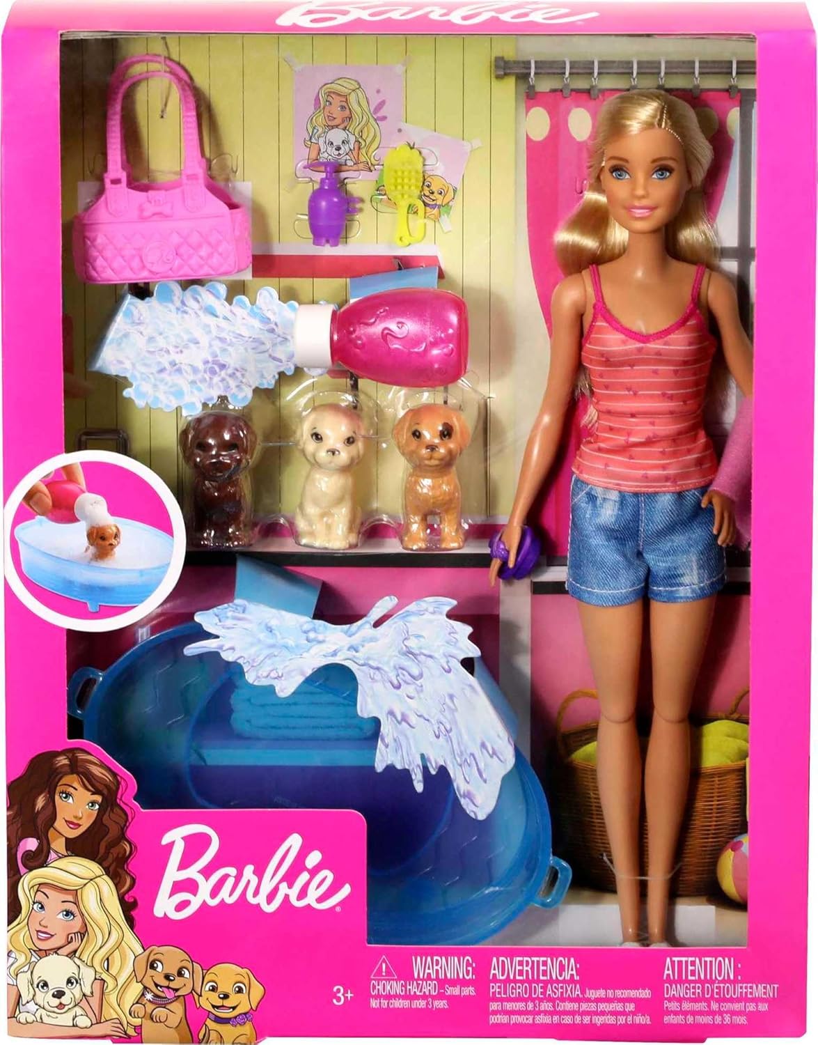 Barbie Doll, Blonde, and Playset with 3 Puppies, Bathtub and Accessories