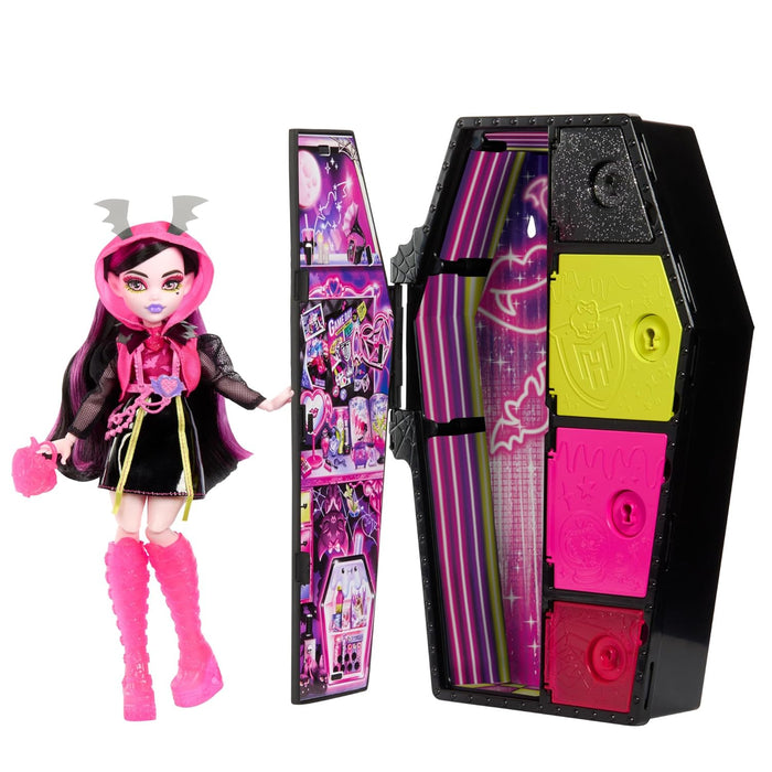 Monster High™ Doll and Fashion Set, Draculaura™ Doll, Skulltimate Secrets™: Neon Frights™, Dress-Up Locker with 19+ Surprises