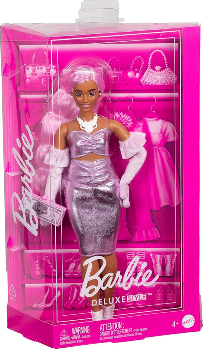 Barbie Deluxe Style Doll #1 in Barbiecore Outfit, Pink Hair and Glossy Pink Dress with Accessories Like Velvet Gloves, Money Purse, and More