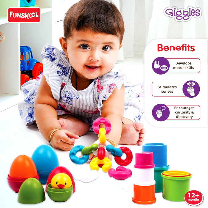 Giggles Funskool - Link Stack N Nest Toy Set, toys for kids, Blocks, Nesting toy for kids, Multicolour 3 in 1 gift set, Develops motor skills , 6 months & above, Infant and Preschool Toys