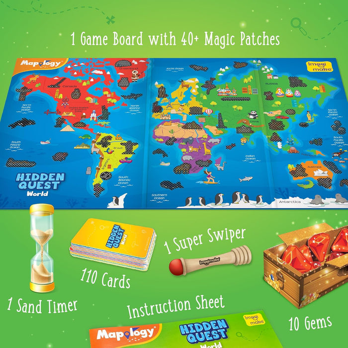 Imagimake Mapology Hidden Quest World Map Board Games for Kids | Magical Swipe & Reveal | Educational Toys for Kids 5 Years | Kids Toys for Boys & Girls | Card Games | Birthday Gift for Girls & Boys