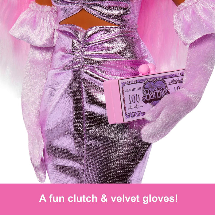 Barbie Deluxe Style Doll #1 in Barbiecore Outfit, Pink Hair and Glossy Pink Dress with Accessories Like Velvet Gloves, Money Purse, and More