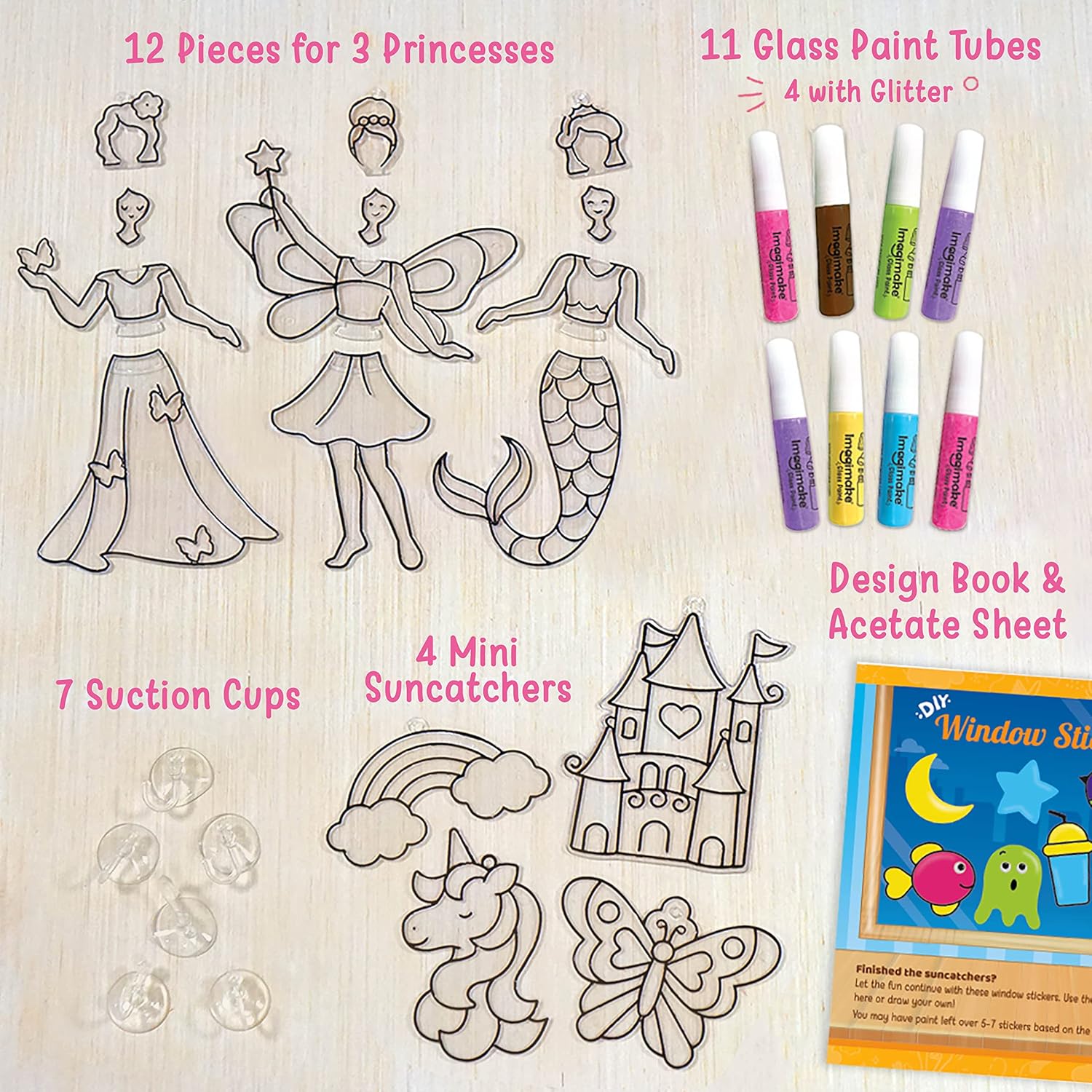 Imagimake Window Art - Princess - 16 Pieces Glass Painting Set - Princess, Mermaid, Unicorn Designs - Craft Kit For Girls 5 Years & Above - Multicolor