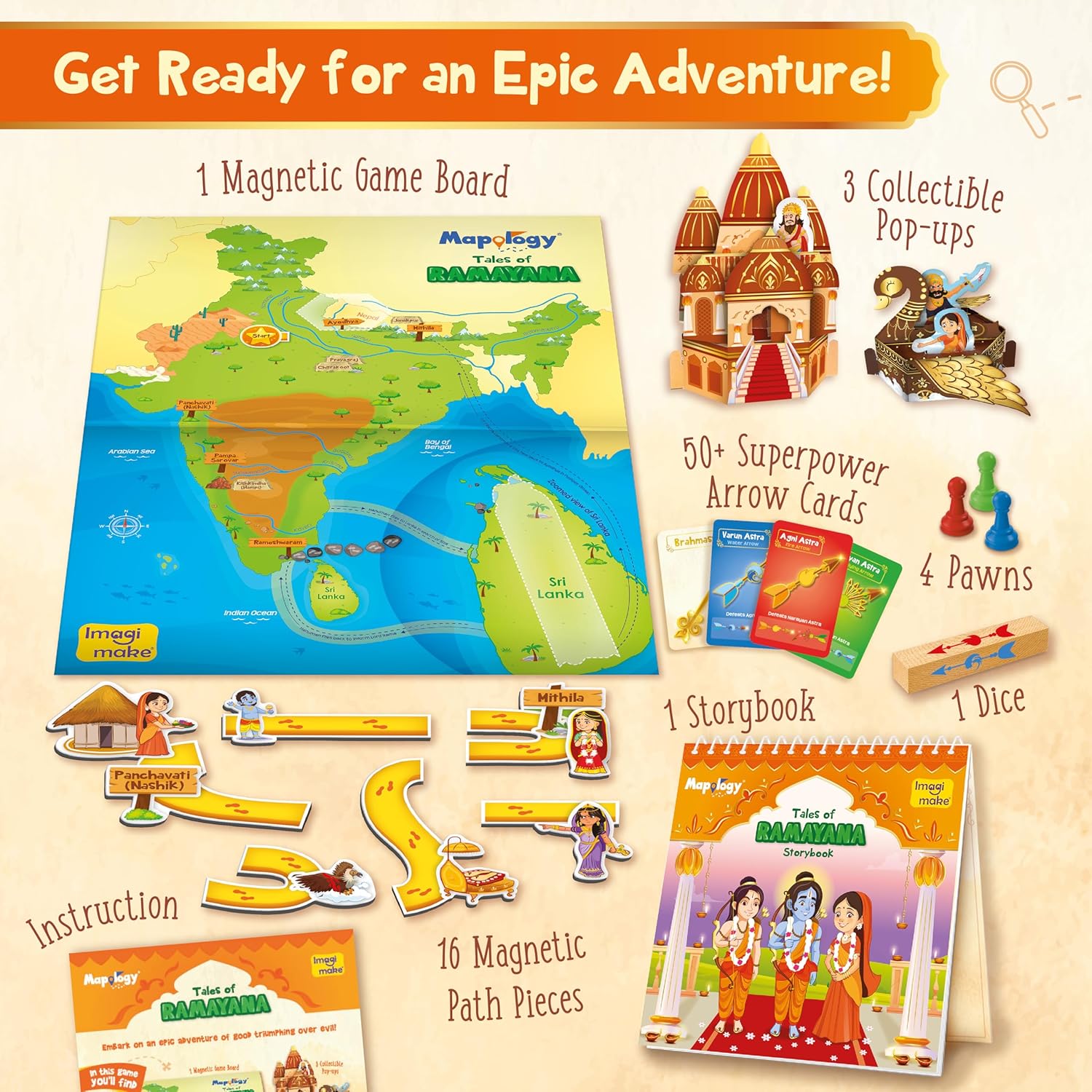 Imagimake Mapology Tales of Ramayana | 3-in-1 Fun Family Board Game | Magnetic Path Puzzle | Ramayana Storybook | Trump Cards| Gifts for Kids Age 8+