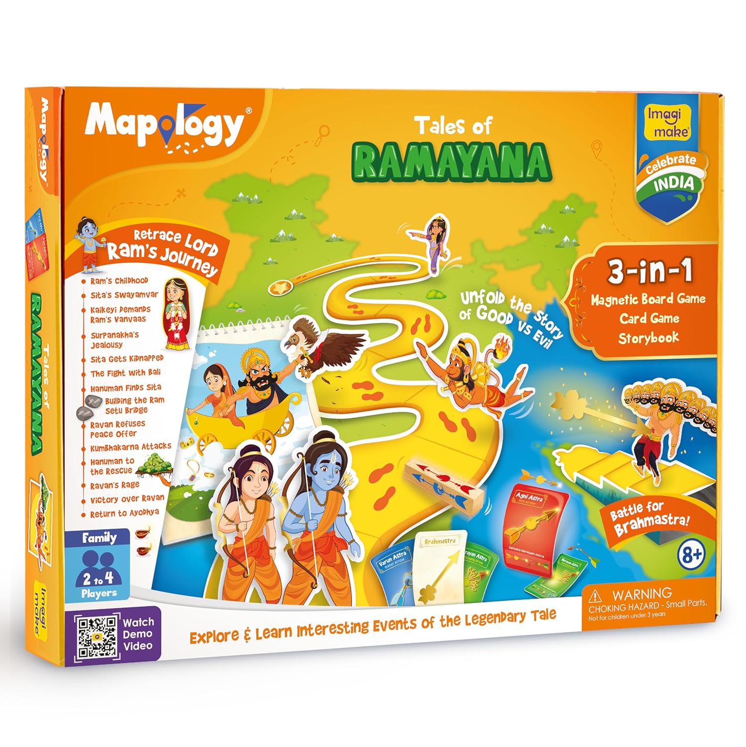 Imagimake Mapology Tales of Ramayana | 3-in-1 Fun Family Board Game | Magnetic Path Puzzle | Ramayana Storybook | Trump Cards| Gifts for Kids Age 8+