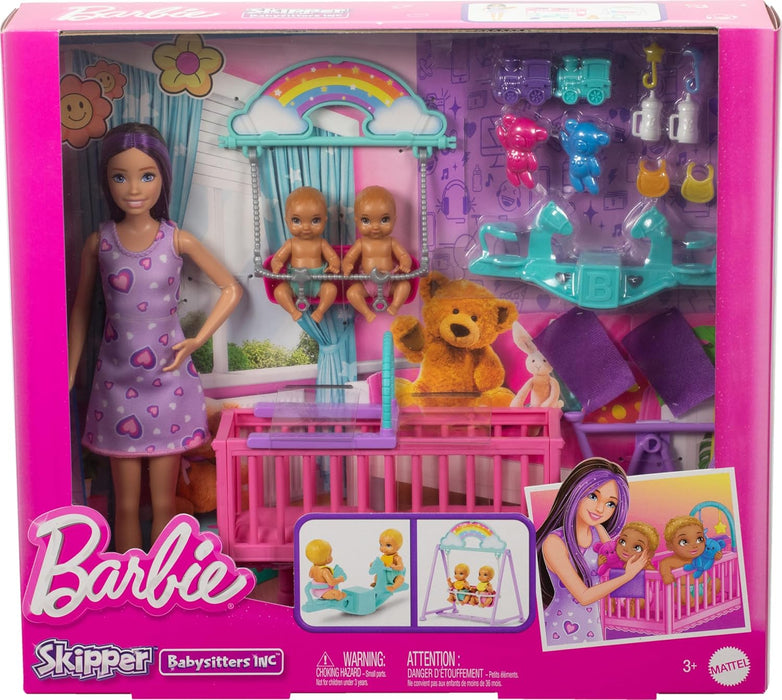 Barbie Skipper Doll & Nursery Playset with Accessories, Includes Twin Baby Dolls, Crib, Swing, See-Saw & More