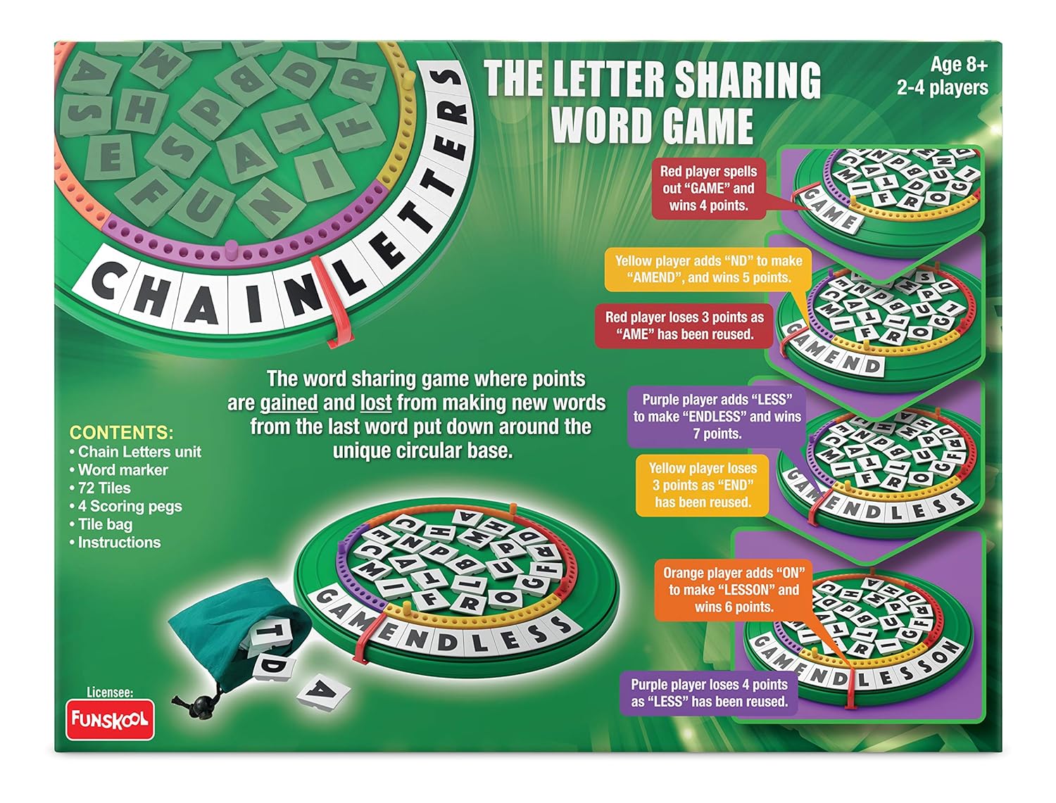 Funskool Games - Chain Letters, Educational Game, The Letter Sharing Word Game, For Kids, Adults & Family Game, 2 - 4 Players, 8 & Above