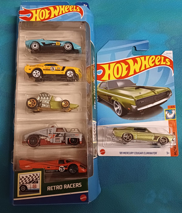 Hot Wheels 69 Mercury cougar Eliminater + HW Retro Racer 5 car Set Combo