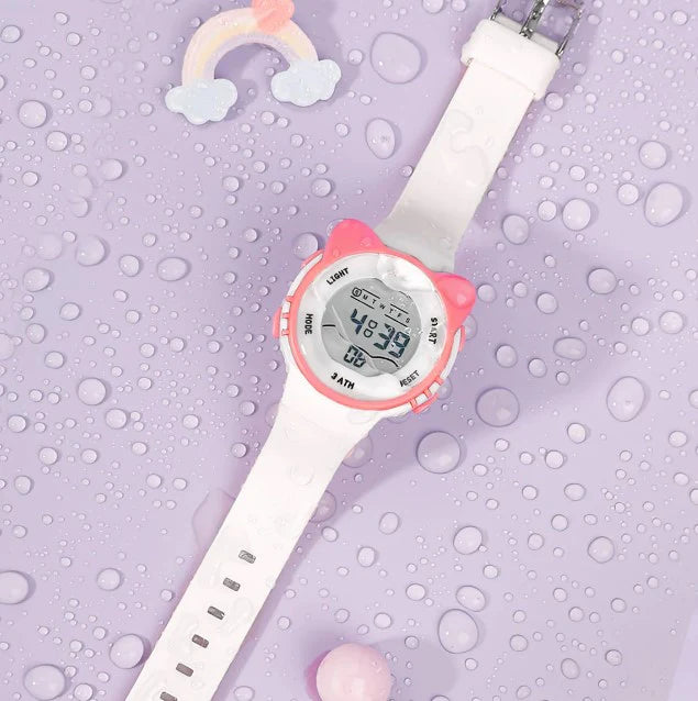 Spiky Round Cat Shaped Sports Digital Watch - White